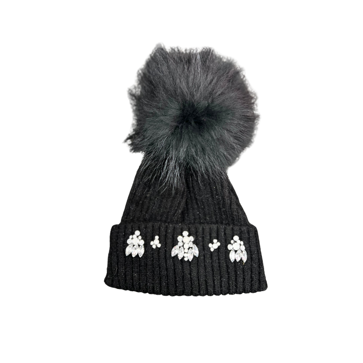 Rhinestone Pom Pom Beanie Hat